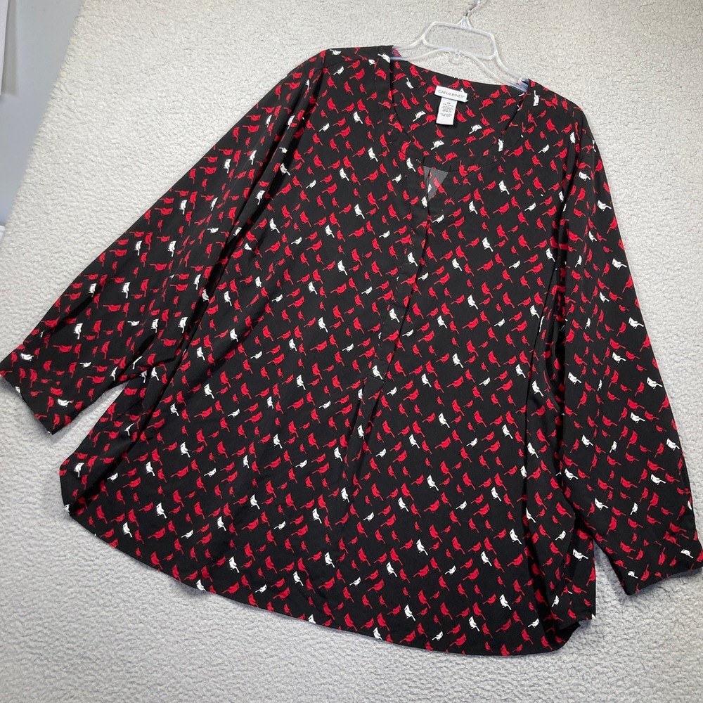 Catherines Blouse Women 3X Black Red Cardinal Bird Print V-Neck Long Sleeve Top